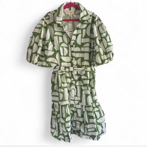 Jessica Simpson Green and White Geometric Shirt Dress with Pink Trim